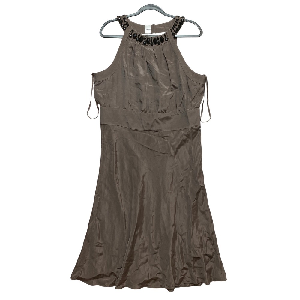 Banana Republic Dress Womens 16 Brown Halter Silk Blend Embellished Neckline